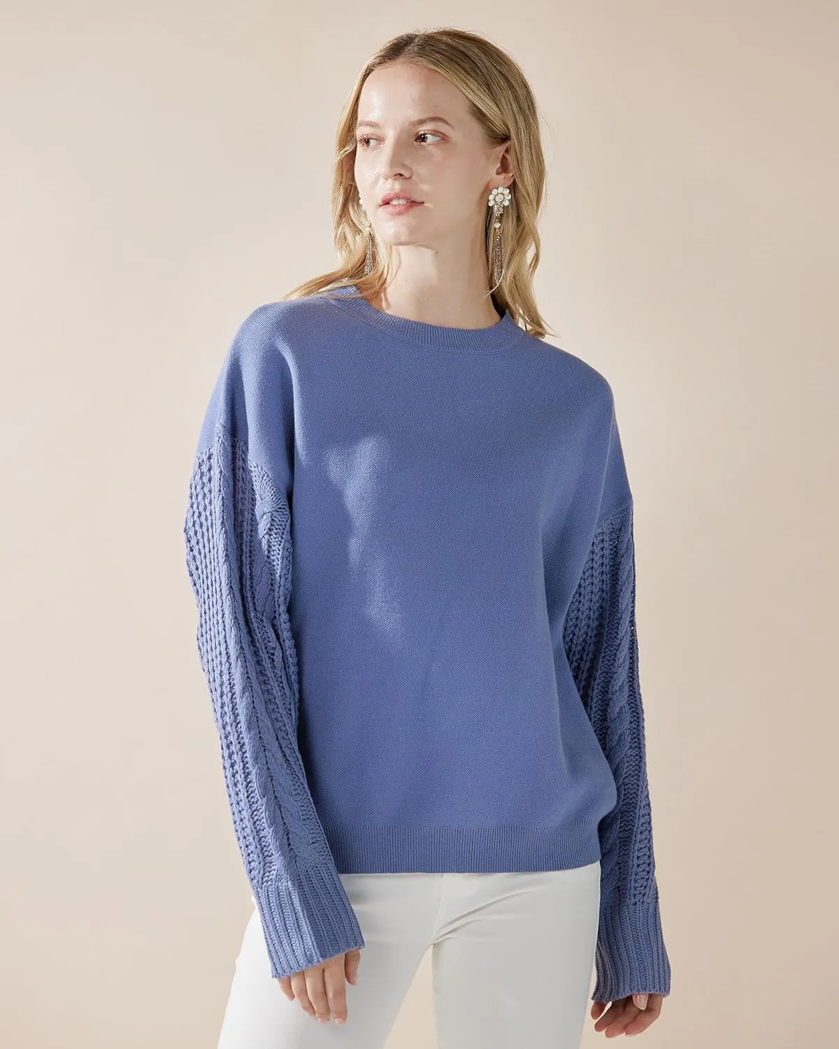 noflik Women's Soft Touch Crew Neck Long Cable Knit Sleeve Sweater Top