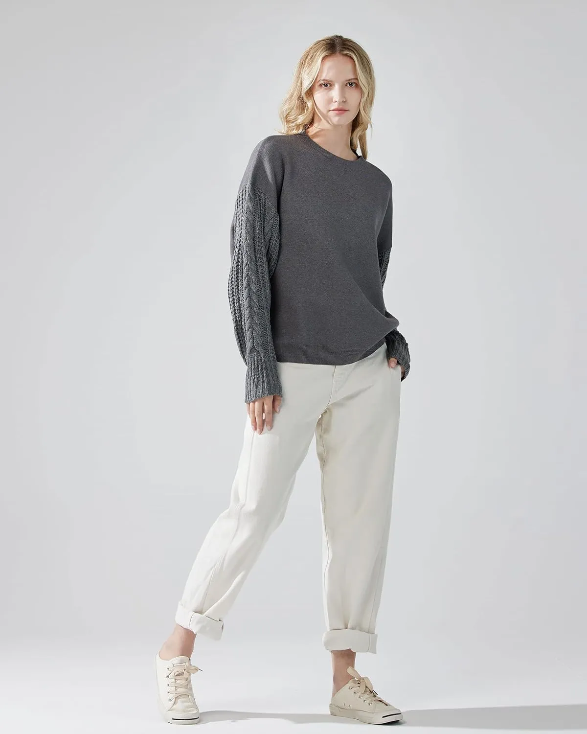 noflik Women's Soft Touch Crew Neck Long Cable Knit Sleeve Sweater Top