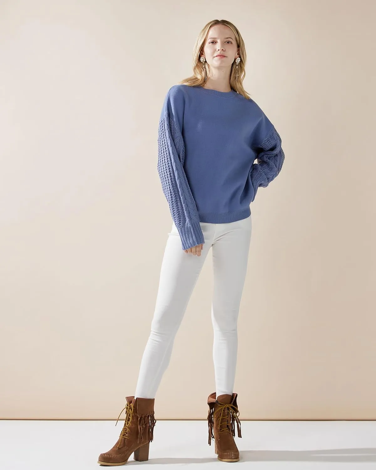 noflik Women's Soft Touch Crew Neck Long Cable Knit Sleeve Sweater Top