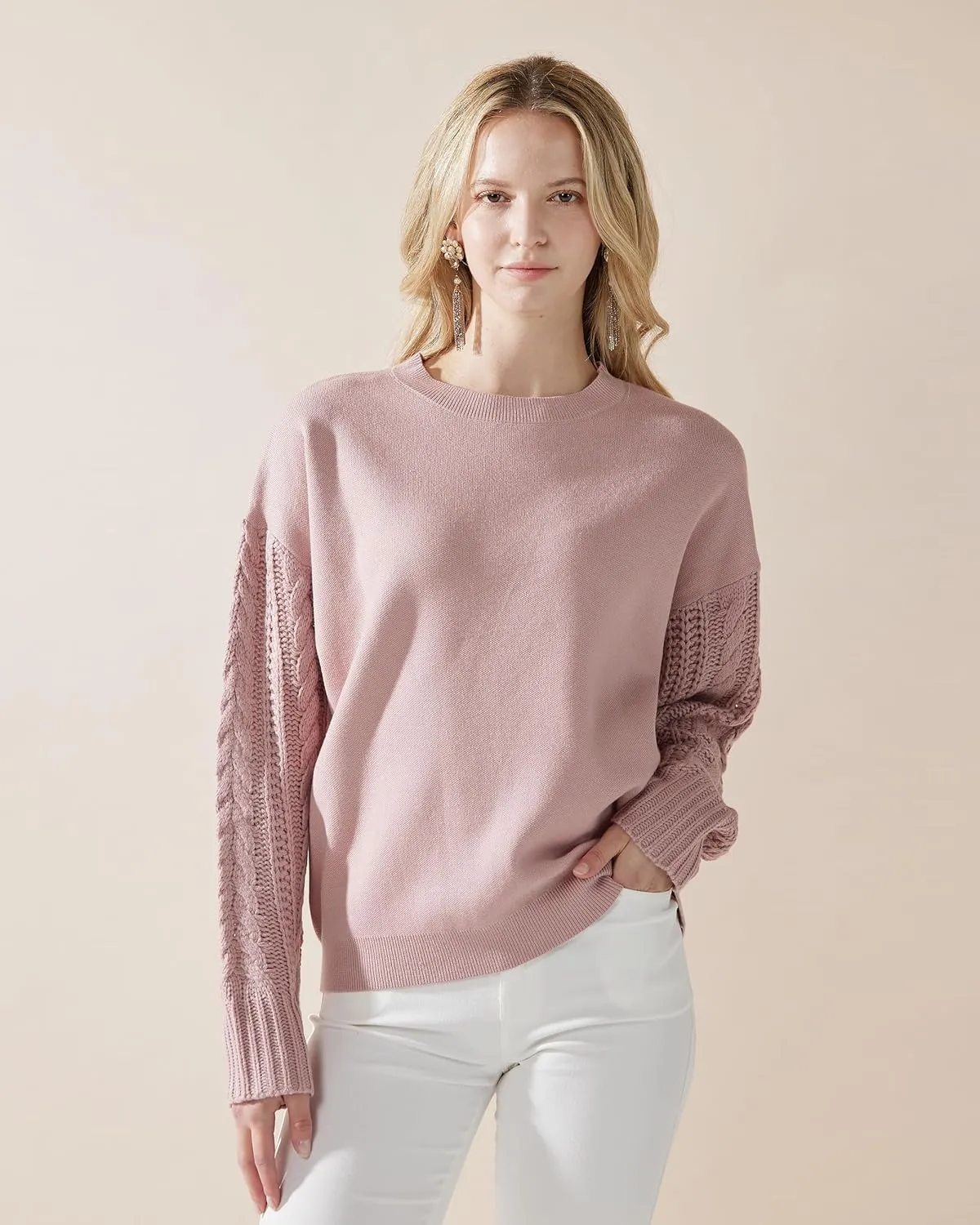 noflik Women's Soft Touch Crew Neck Long Cable Knit Sleeve Sweater Top