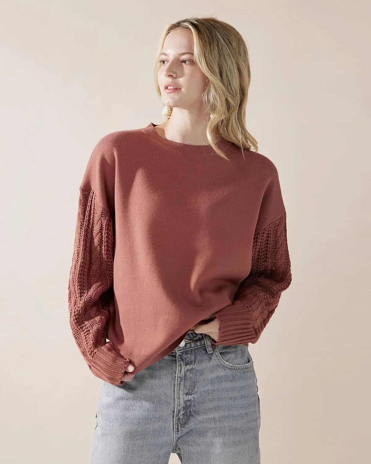 noflik Women's Soft Touch Crew Neck Long Cable Knit Sleeve Sweater Top