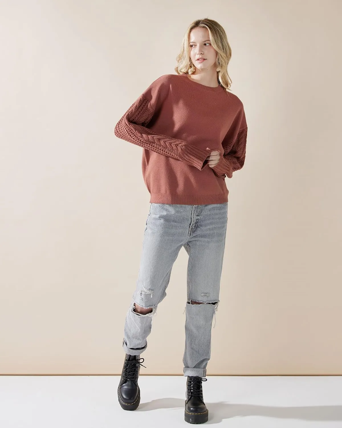 noflik Women's Soft Touch Crew Neck Long Cable Knit Sleeve Sweater Top