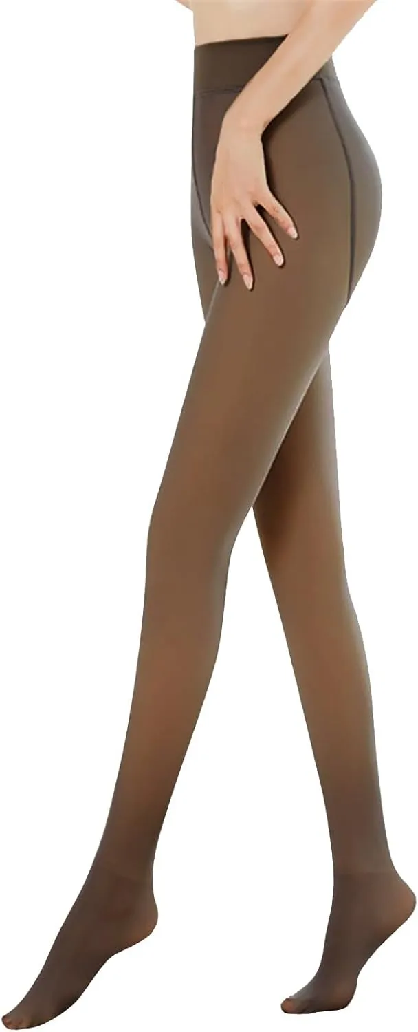 OEAK Womens Fleece Lined Tights Fake Translucent Pantyhose Thermal Opaque High Waisted Winter Legging Footed Sheer Tights