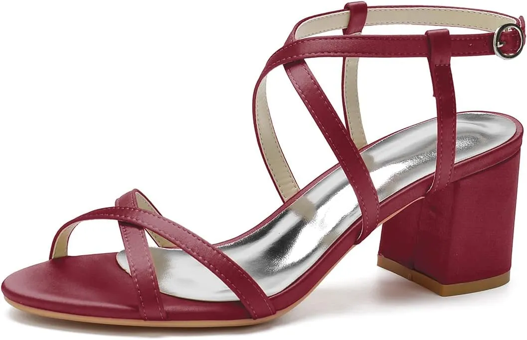 Open Toe Satin Strappy Block Heels Wedding Shoes for Bride Low Heels White Bridal Shoes Ankle Strap White Heels Prom Evening Party Dress Shoes Pumps for Women