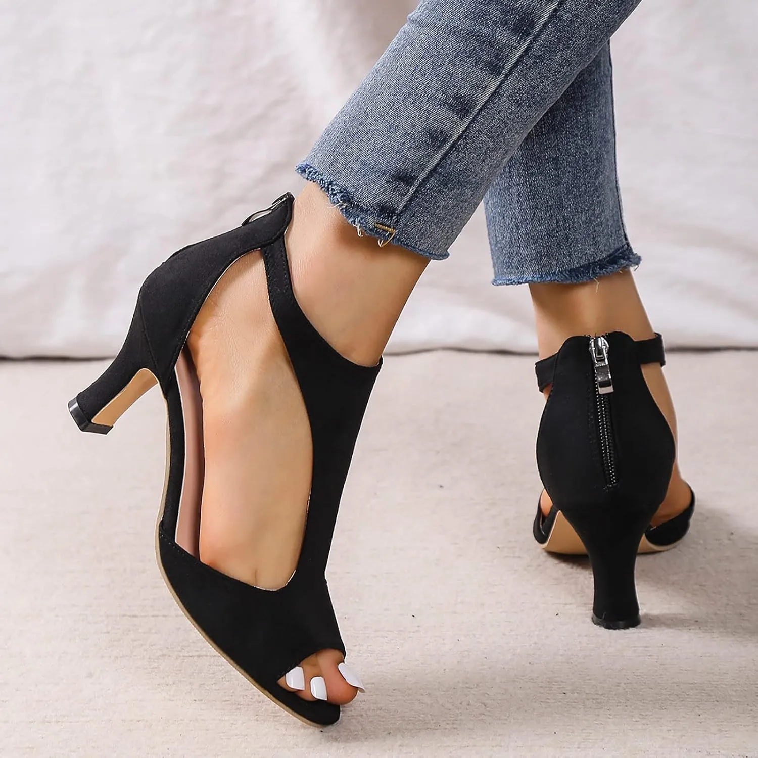 Orthopedic Sandals for Women 2025 Womens High Heels Dress Dressy Summer Open Toe Back Zipper Closure Casual Suede Leather Fish Mouth Sandal Orthotic Beach Boho Outdoor Wedding Shoes
