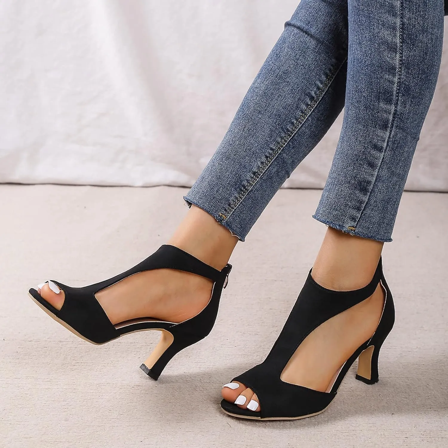 Orthopedic Sandals for Women 2025 Womens High Heels Dress Dressy Summer Open Toe Back Zipper Closure Casual Suede Leather Fish Mouth Sandal Orthotic Beach Boho Outdoor Wedding Shoes