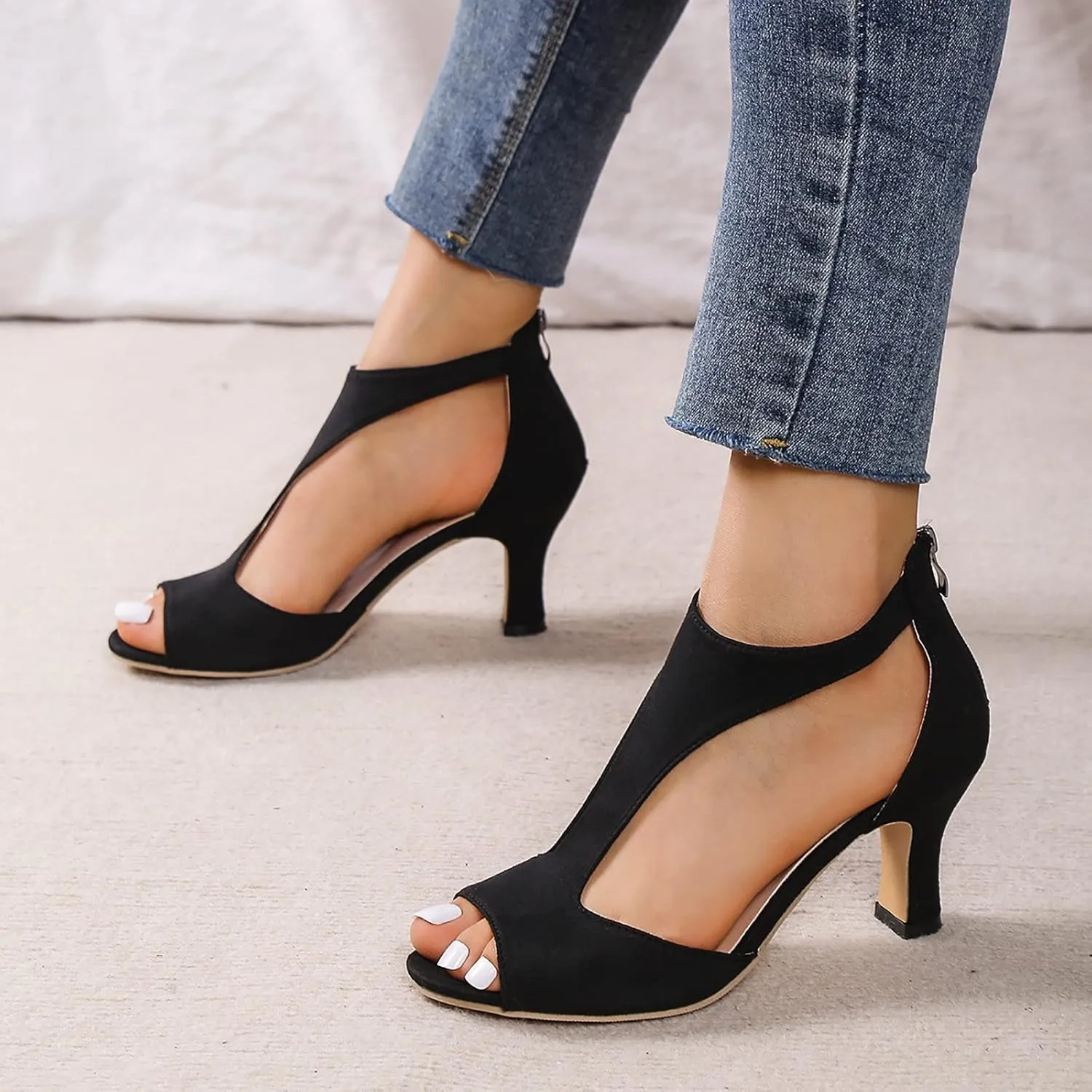 Orthopedic Sandals for Women 2025 Womens High Heels Dress Dressy Summer Open Toe Back Zipper Closure Casual Suede Leather Fish Mouth Sandal Orthotic Beach Boho Outdoor Wedding Shoes