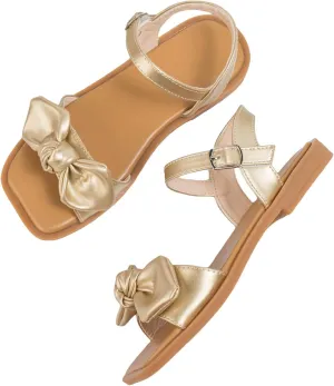 OYOANGLE Girl's Metallic Bow Decor Sqaure Open Toe Sandals Ankle Strap Dress Shoes