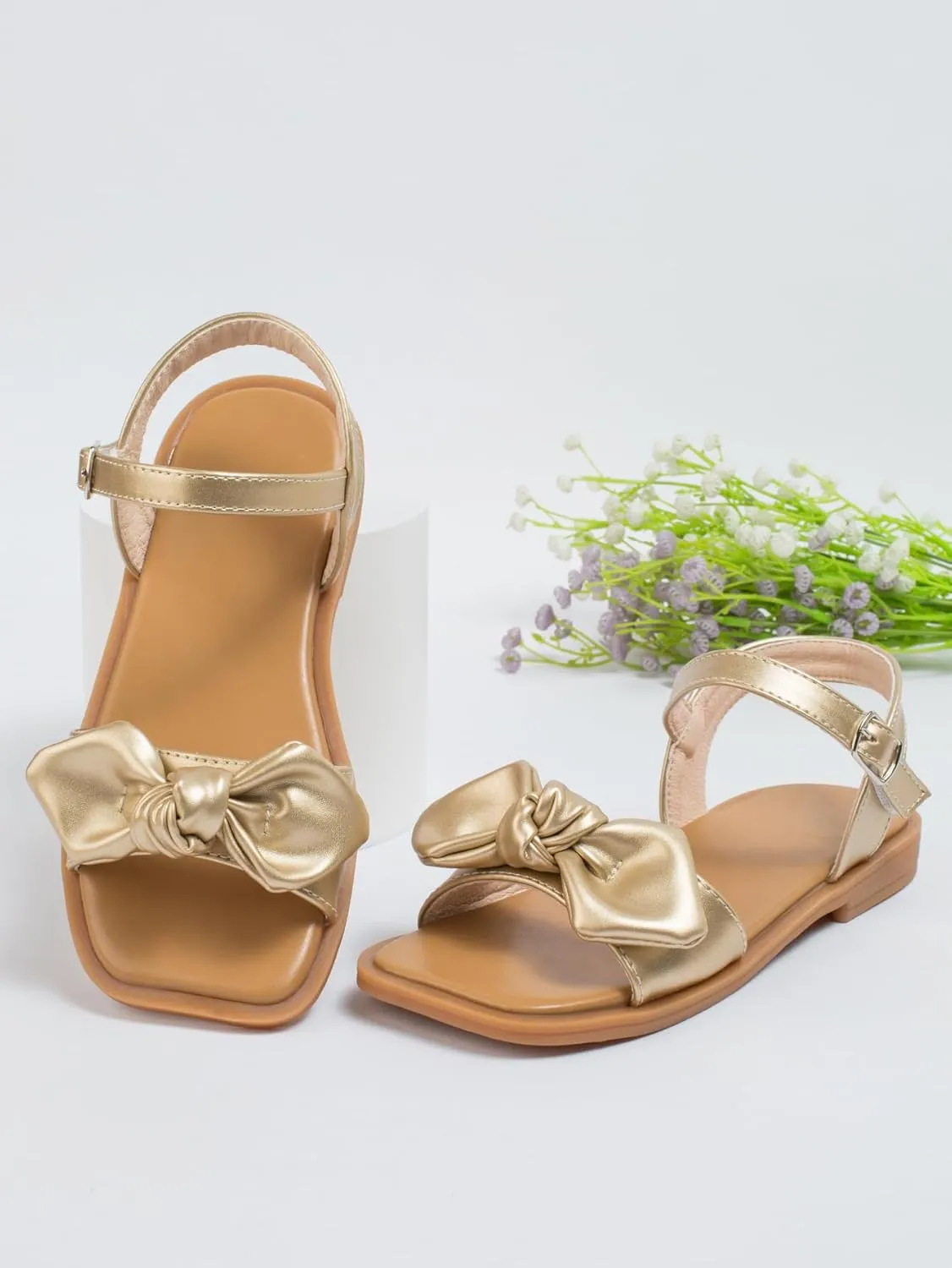 OYOANGLE Girl's Metallic Bow Decor Sqaure Open Toe Sandals Ankle Strap Dress Shoes