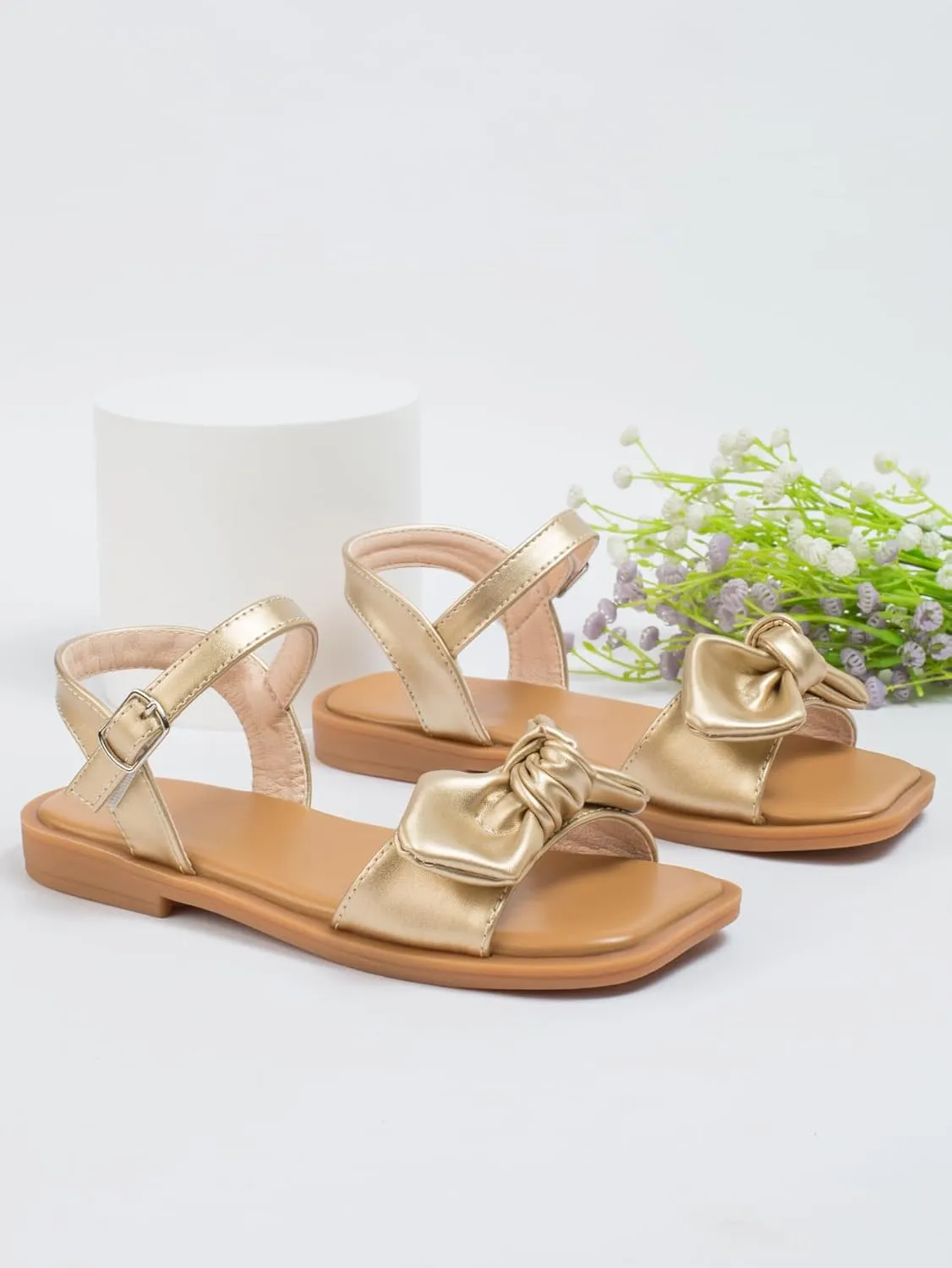 OYOANGLE Girl's Metallic Bow Decor Sqaure Open Toe Sandals Ankle Strap Dress Shoes