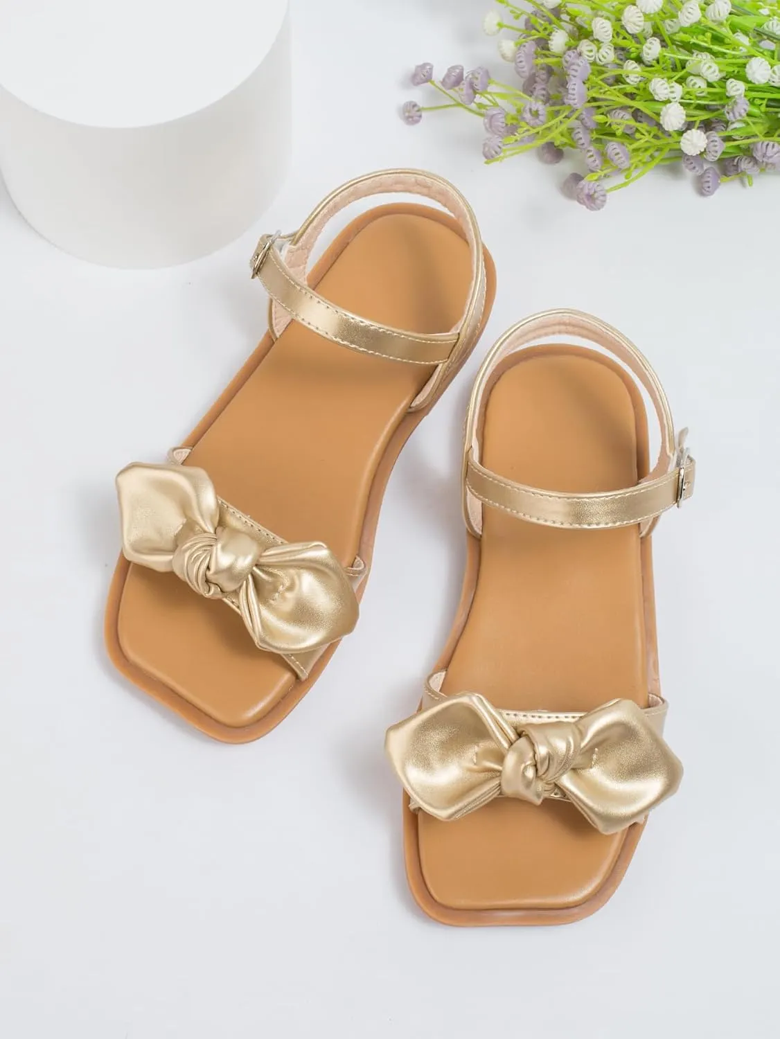 OYOANGLE Girl's Metallic Bow Decor Sqaure Open Toe Sandals Ankle Strap Dress Shoes