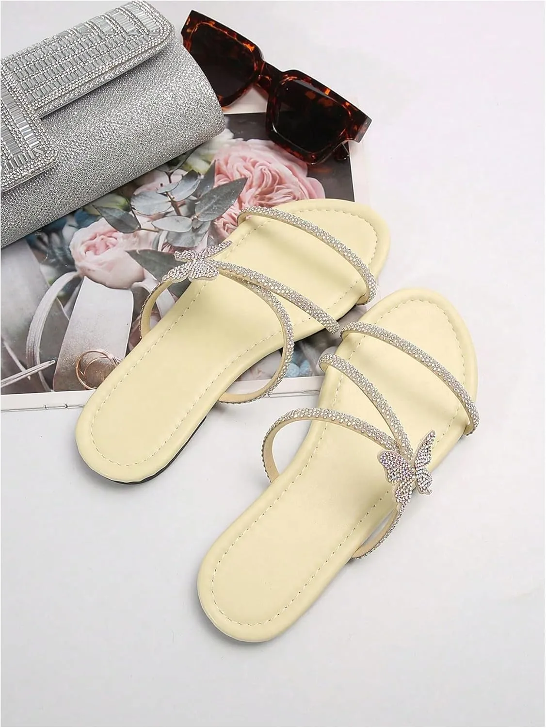 OYOANGLE Women's Butterfly Rhinestone Shiny Slide Sandals Strappy Slip on Flat Sandals Dressy Casual Sliders