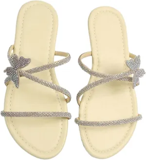 OYOANGLE Women's Butterfly Rhinestone Shiny Slide Sandals Strappy Slip on Flat Sandals Dressy Casual Sliders