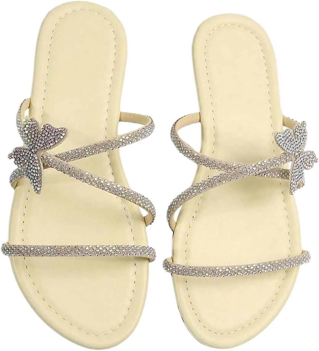 OYOANGLE Women's Butterfly Rhinestone Shiny Slide Sandals Strappy Slip on Flat Sandals Dressy Casual Sliders