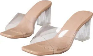 OYOANGLE Women's Clear Single Band Mid Block Heeled Sandals Square Open Toe Transparent Heel Sandals