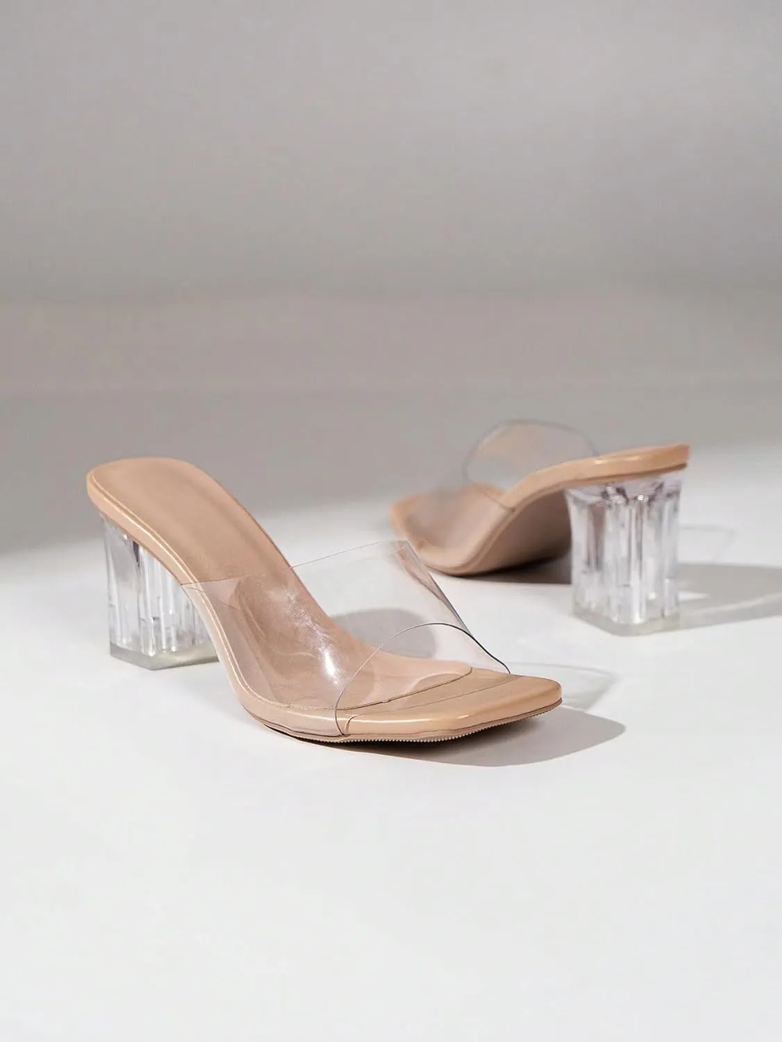 OYOANGLE Women's Clear Single Band Mid Block Heeled Sandals Square Open Toe Transparent Heel Sandals