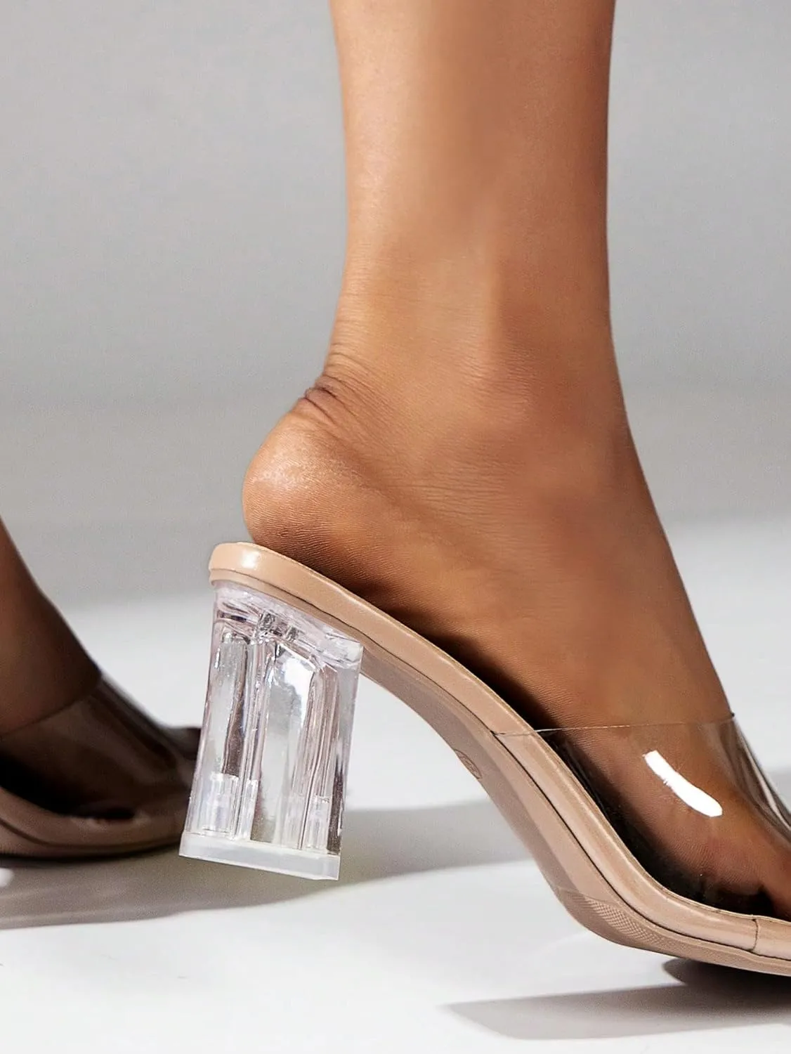 OYOANGLE Women's Clear Single Band Mid Block Heeled Sandals Square Open Toe Transparent Heel Sandals