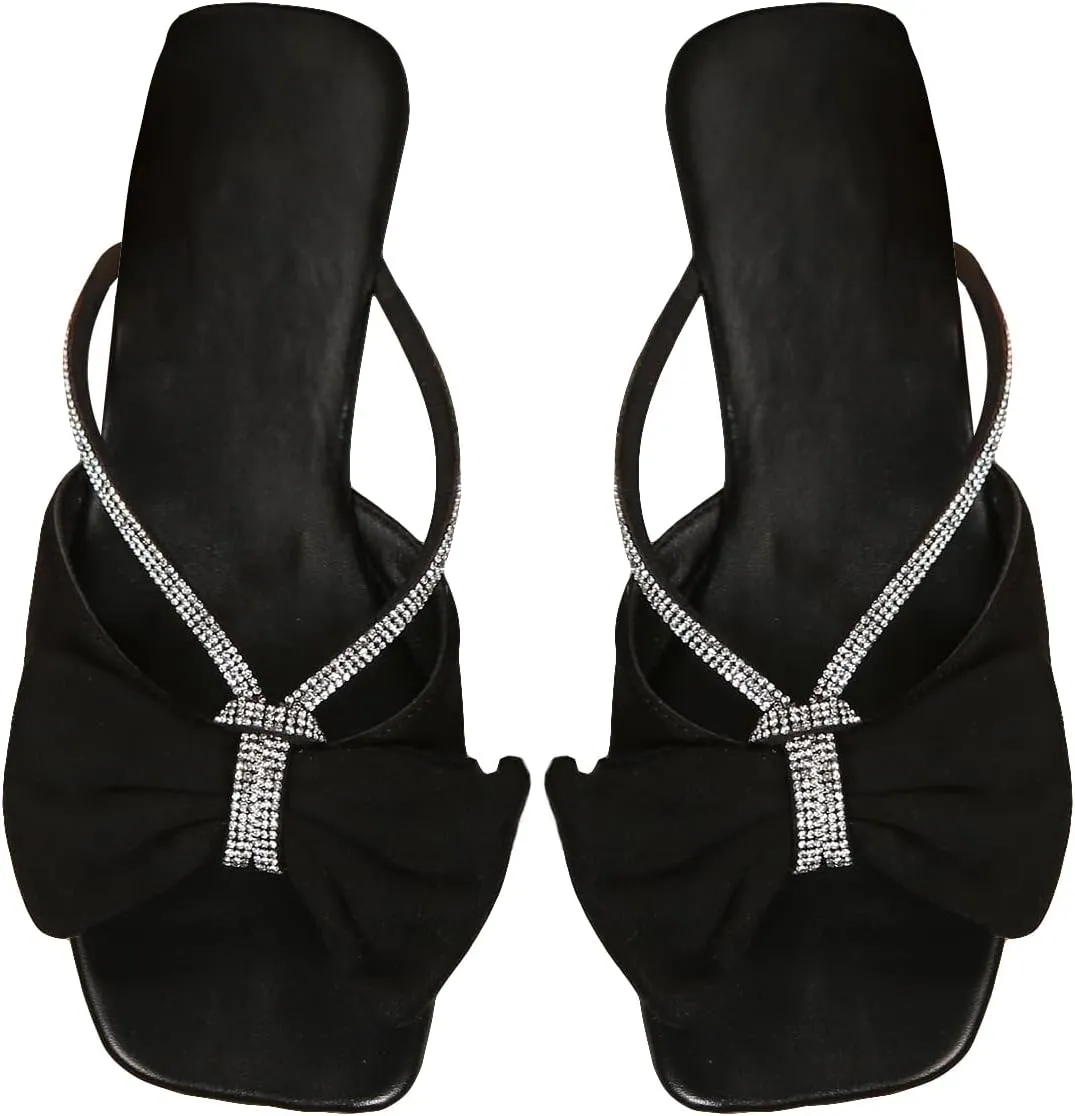 OYOANGLE Women's Rhinestone Bow Open Toe Corduroy Flat Sandals Summer Casual Slide Sandals