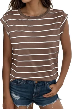 Personality Striped Cap Sleeve T Shirts for Women Slim Fit Crew Neck Lightweight Casual Daily Tops Fashion Sleeveless Blouses