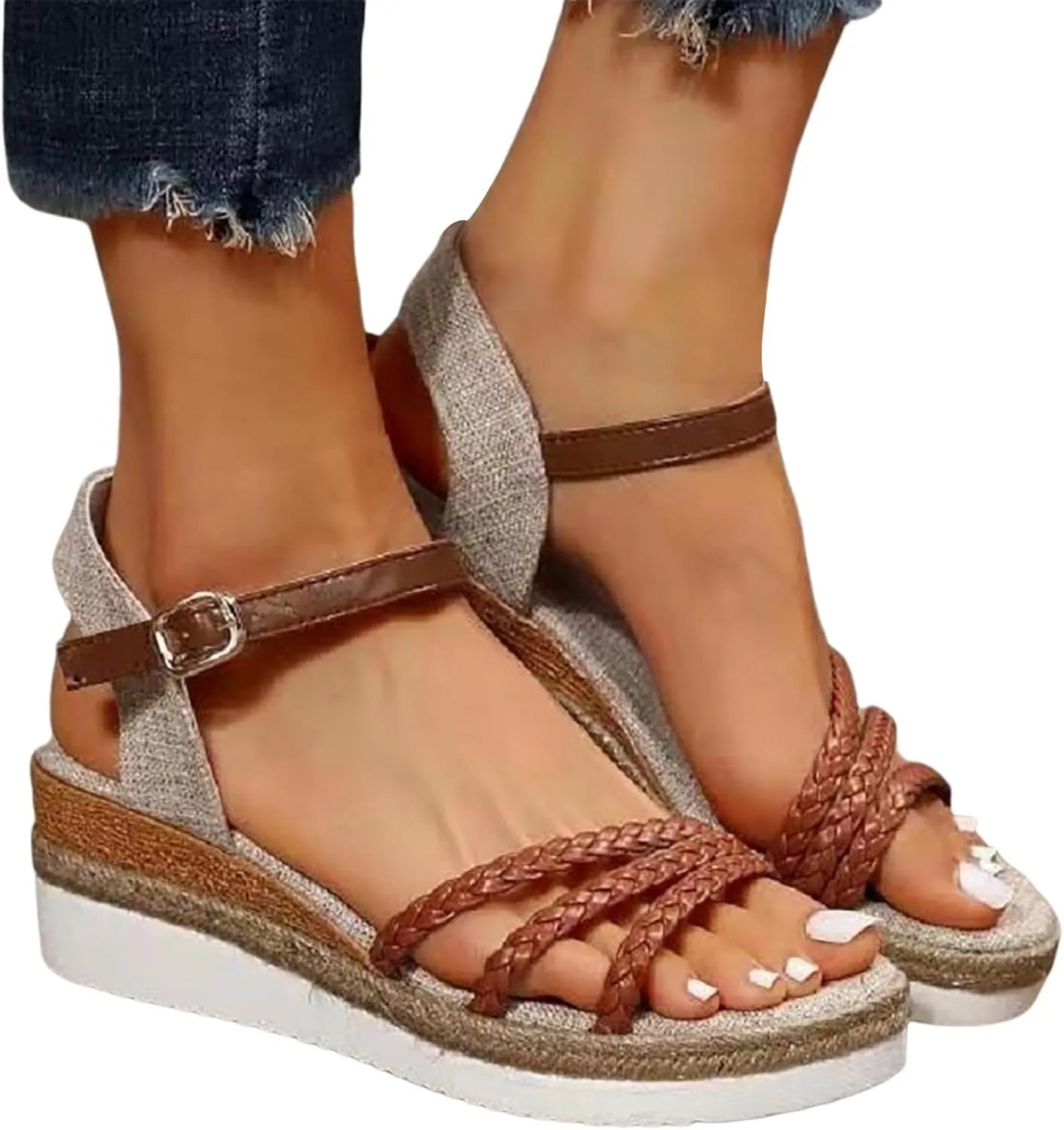 Platform Wedge Sandals for Women,Espadrille Sandals for Women Summer Dressy 2024 Open Toe Ankle Strap Wedge Low Heels Sandals Comfortable Anti Slip Beach Boho Orthopedic Sandals Casual Walking Shoes