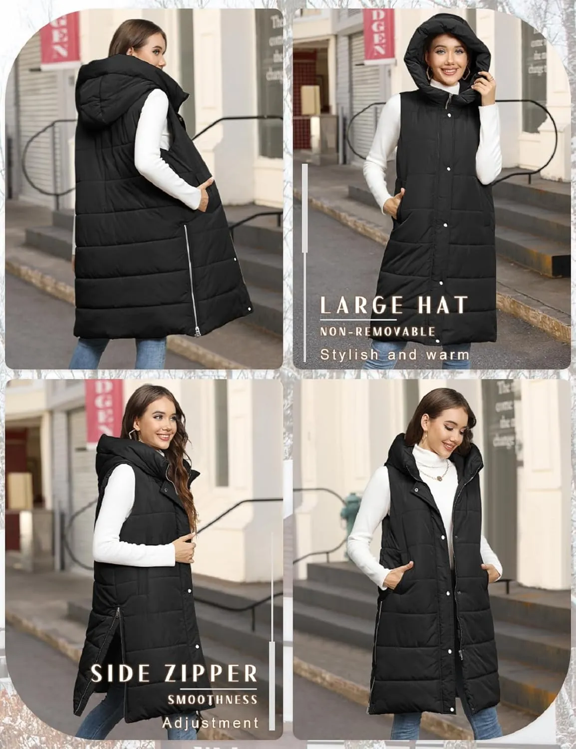 Puffer Vest for Women Long Down Hooded Vest Womens Sleeveless Zip Up Jacket Winter Thick Coats with Pockets