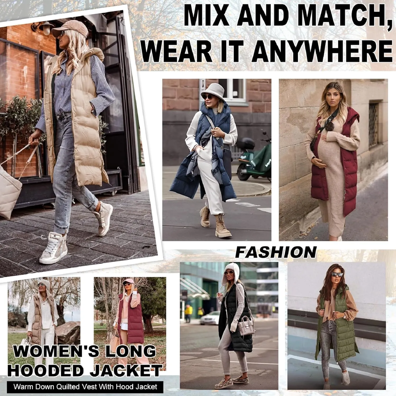Puffer Vest for Women Long Down Hooded Vest Womens Sleeveless Zip Up Jacket Winter Thick Coats with Pockets
