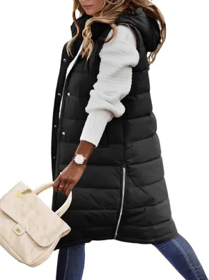 Puffer Vest for Women Long Down Hooded Vest Womens Sleeveless Zip Up Jacket Winter Thick Coats with Pockets