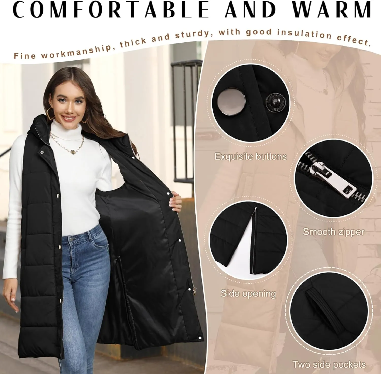 Puffer Vest for Women Long Down Hooded Vest Womens Sleeveless Zip Up Jacket Winter Thick Coats with Pockets