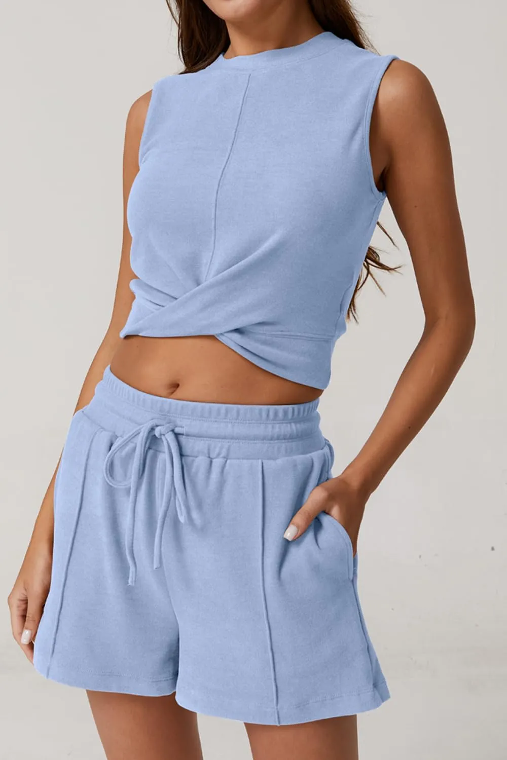 QINSEN Womens Crewneck Twist Front Sleeveless Crop Top Tank Drawstring Shorts Casual 2PCS Lounge Sets