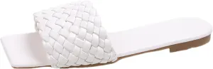 QMFUR Women Square Toe Flat Sandals Woven Leather Slippers Beach slides