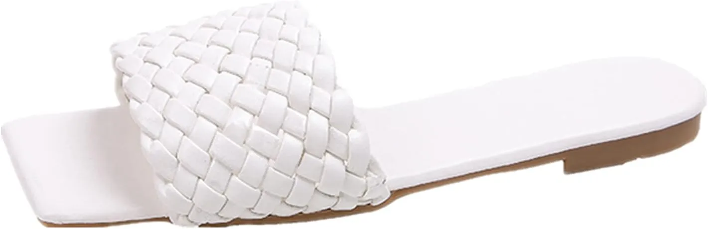 QMFUR Women Square Toe Flat Sandals Woven Leather Slippers Beach slides
