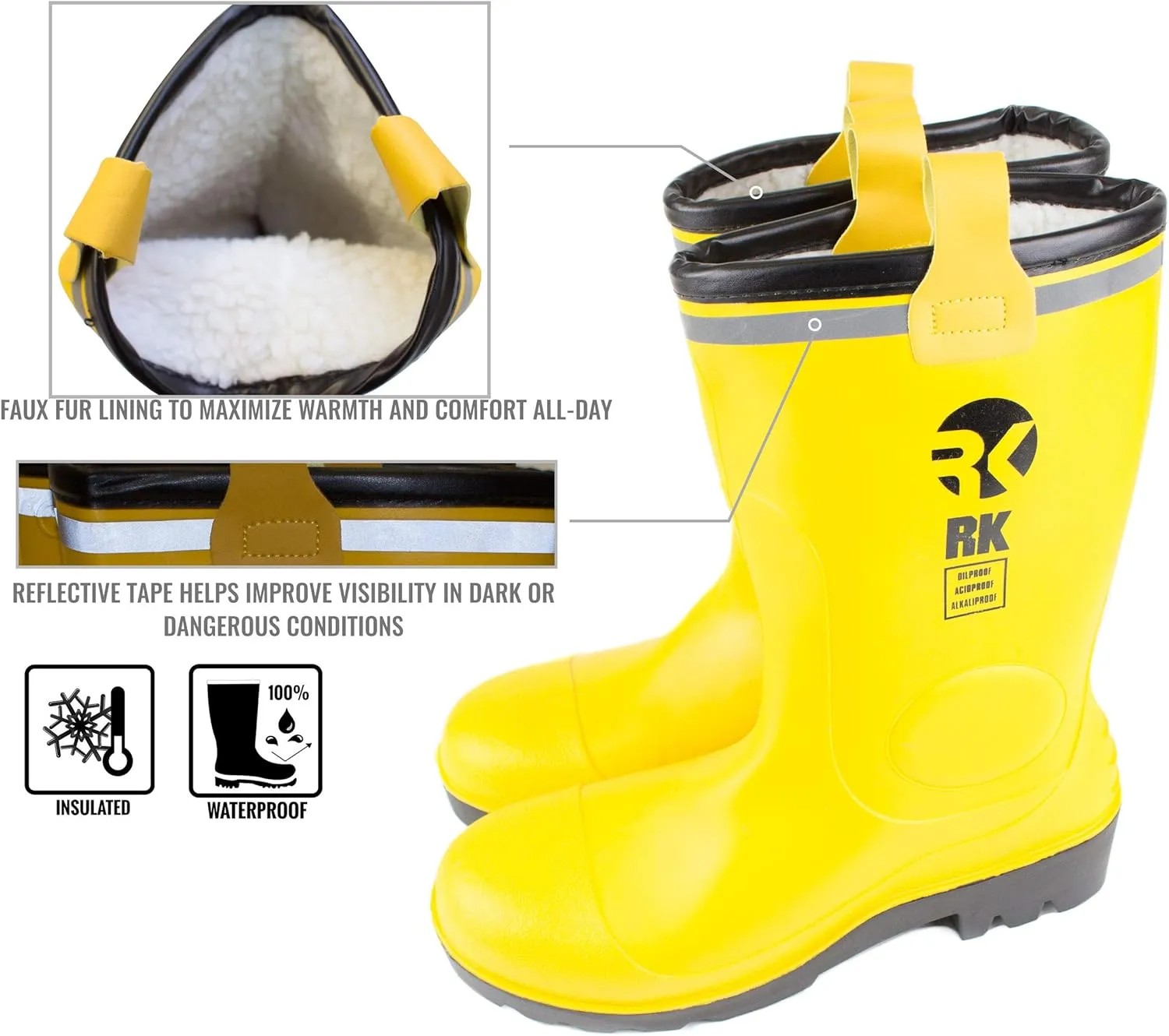 RK Mens Insulated Waterproof Fur Interior Rubber Sole Winter Snow Cold Weather Rain Boots