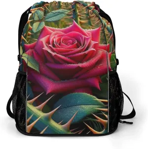 Rose Among Thorns Drawstring Gym Backpack Flower Valentine Day Sports Travel Daypack Sackpack Pockets String Cinch Bag for Men & Women