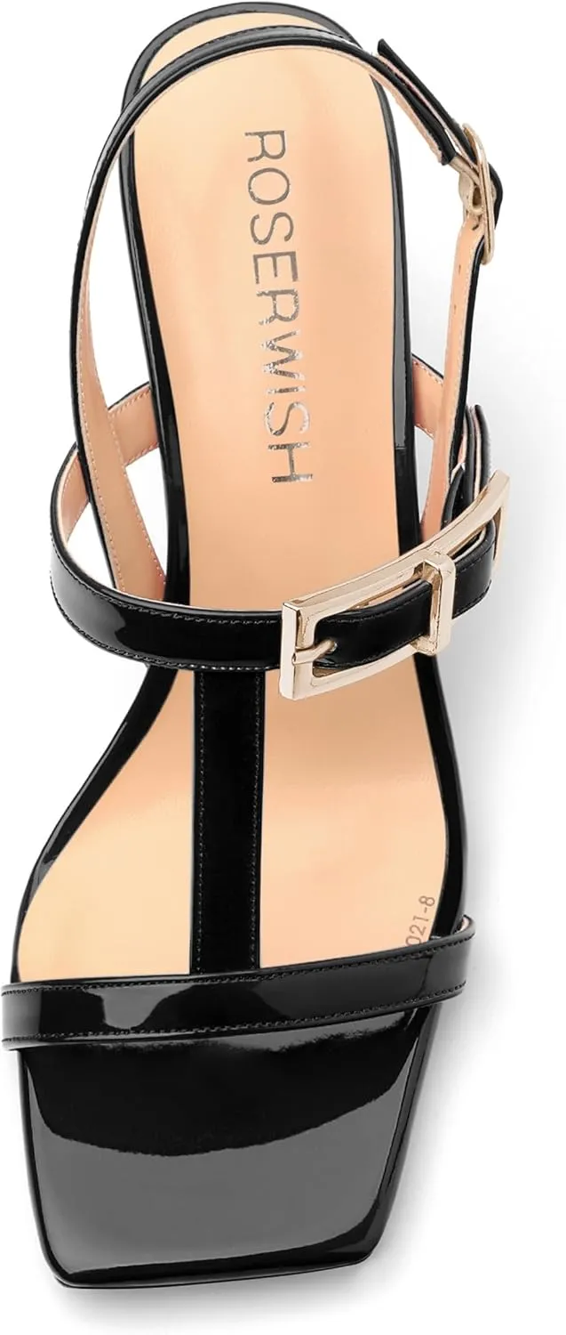 ROSERWISH Women's Low kitten heel Strappy Sandals Open Square Toe Slingback Patent Heels 2 Inch Fashion Comfort Dress Shoes