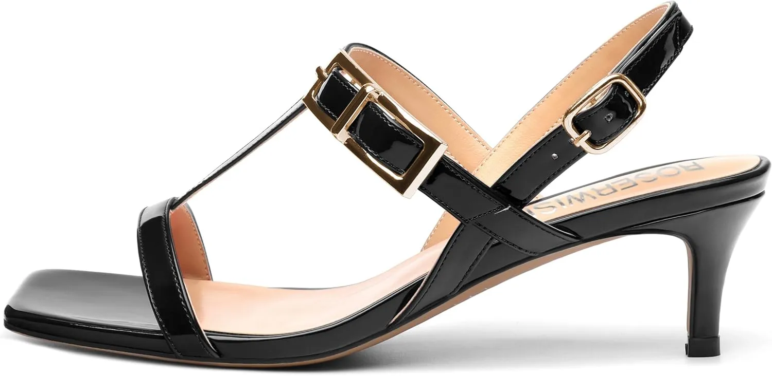 ROSERWISH Women's Low kitten heel Strappy Sandals Open Square Toe Slingback Patent Heels 2 Inch Fashion Comfort Dress Shoes