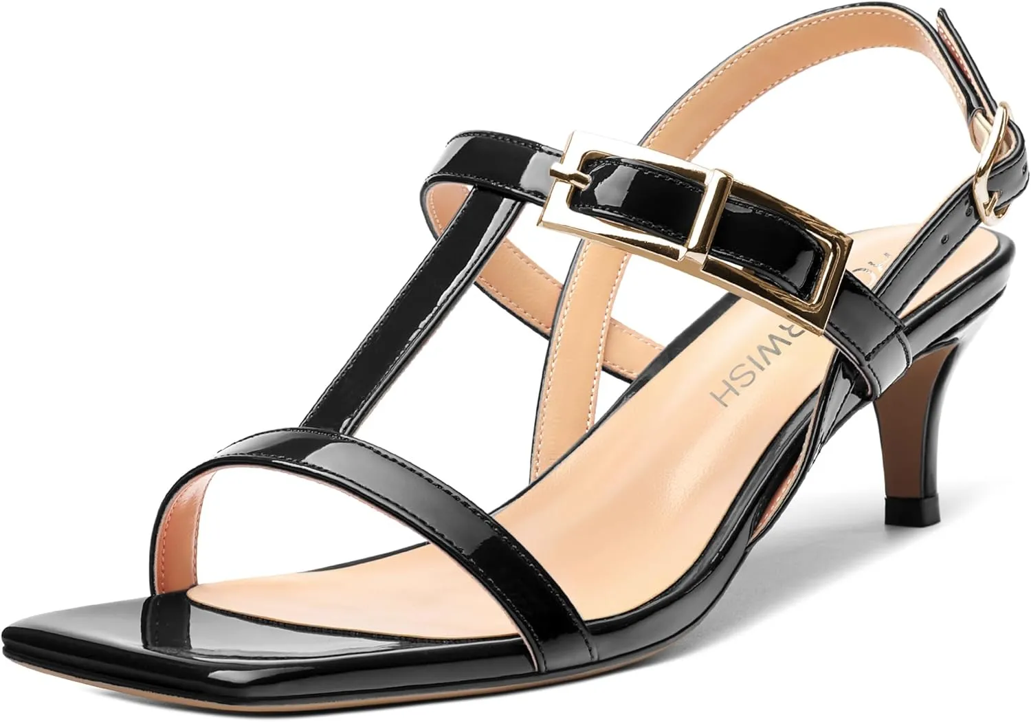 ROSERWISH Women's Low kitten heel Strappy Sandals Open Square Toe Slingback Patent Heels 2 Inch Fashion Comfort Dress Shoes
