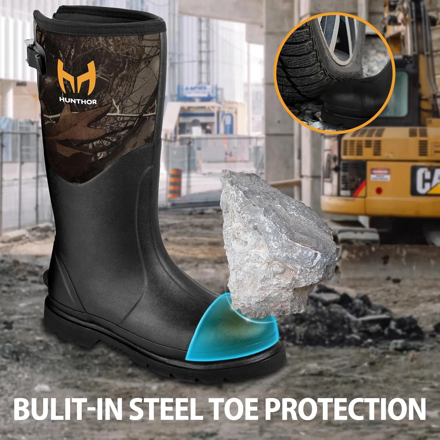 Rubber Work Boots, Puncture-Proof with Steel Toe & Shank, Waterproof Insulated 6mm Neoprene Hunting Boots for Farming, Construction, Gardening, Fishing, Outdoor Work (Size 6-14)
