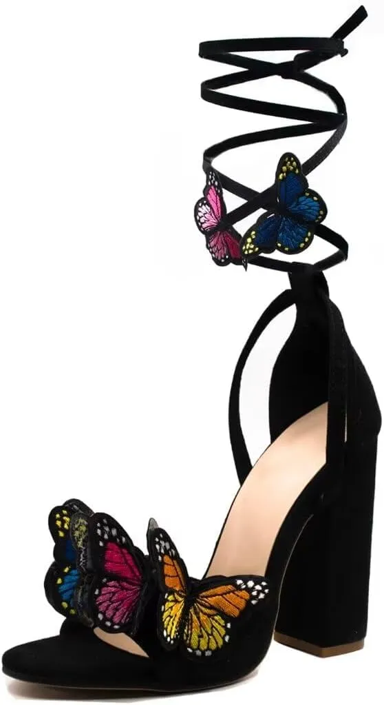 SACFOF Strappy Sandals for Women Butterfly Chunky High Heels Ankle Wrap Sandals Open Toe Lace-up Heeled Dressy Sandals