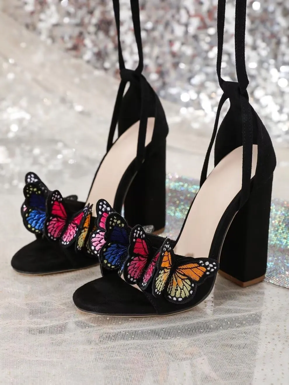 SACFOF Strappy Sandals for Women Butterfly Chunky High Heels Ankle Wrap Sandals Open Toe Lace-up Heeled Dressy Sandals