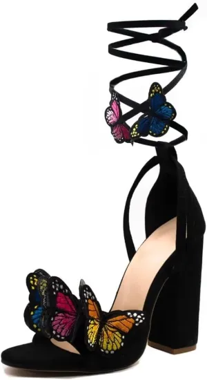 SACFOF Strappy Sandals for Women Butterfly Chunky High Heels Ankle Wrap Sandals Open Toe Lace-up Heeled Dressy Sandals