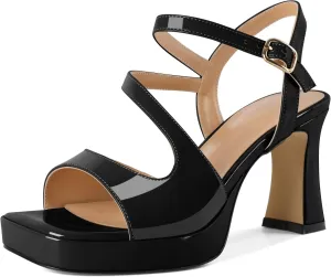 SAMMITOP Platform Heels for Women Open Square Toe Strappy Chunky High Heeled Sandals Slingback Heels Ankle Strap Wedding Party Office Shoes 3.5 Inch