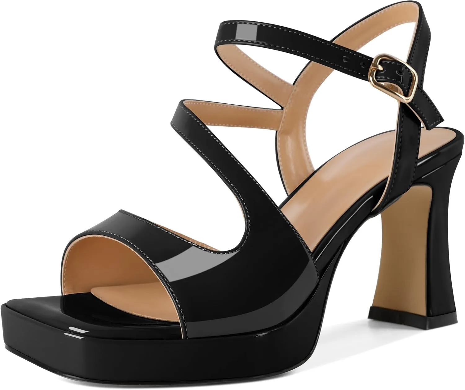 SAMMITOP Platform Heels for Women Open Square Toe Strappy Chunky High Heeled Sandals Slingback Heels Ankle Strap Wedding Party Office Shoes 3.5 Inch