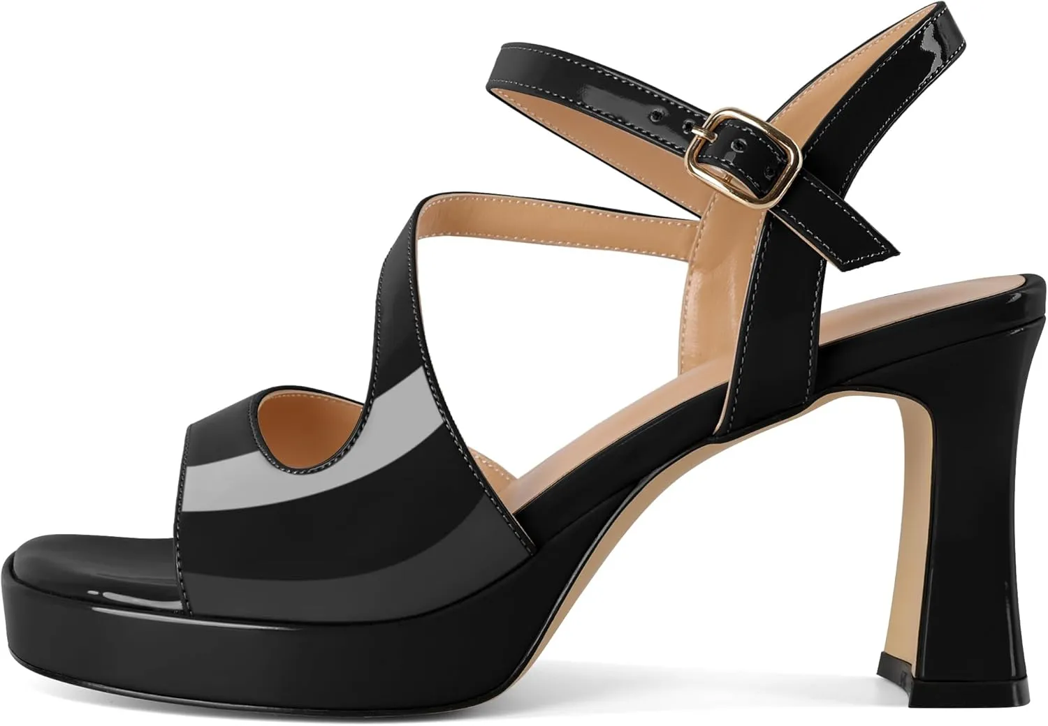 SAMMITOP Platform Heels for Women Open Square Toe Strappy Chunky High Heeled Sandals Slingback Heels Ankle Strap Wedding Party Office Shoes 3.5 Inch
