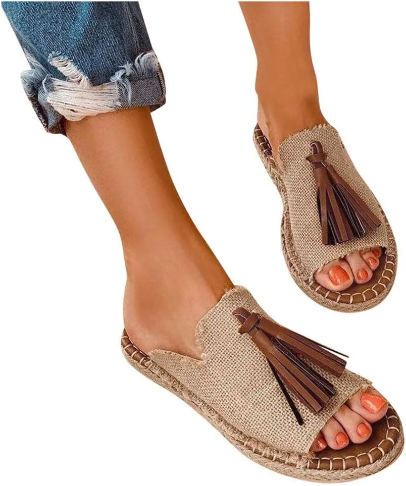 Sandals Women Dressy Summer Flat Slide Casual Espadrille Braided Tassel Hem Open toe Falt Straw Peep toe