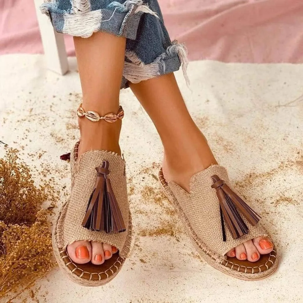 Sandals Women Dressy Summer Flat Slide Casual Espadrille Braided Tassel Hem Open toe Falt Straw Peep toe