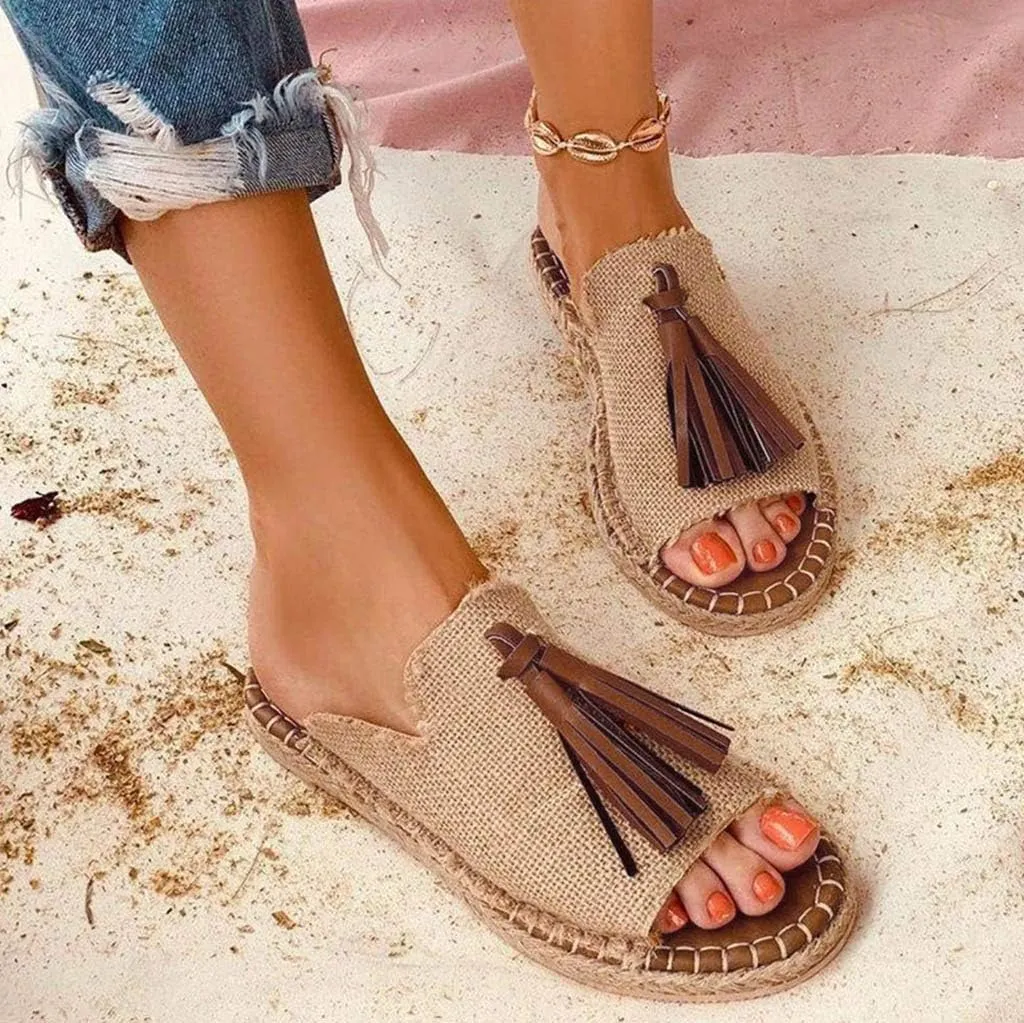 Sandals Women Dressy Summer Flat Slide Casual Espadrille Braided Tassel Hem Open toe Falt Straw Peep toe