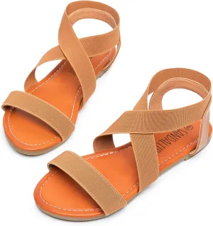 SANDALUP Elastic Ankle Strap Flat Sandals for Women