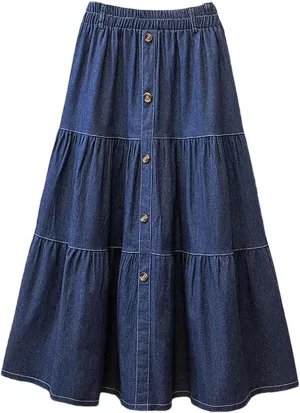 SaoBiiu Women Elastic Waist Denim Skirts Casual Loose Solid A-Line Skirts