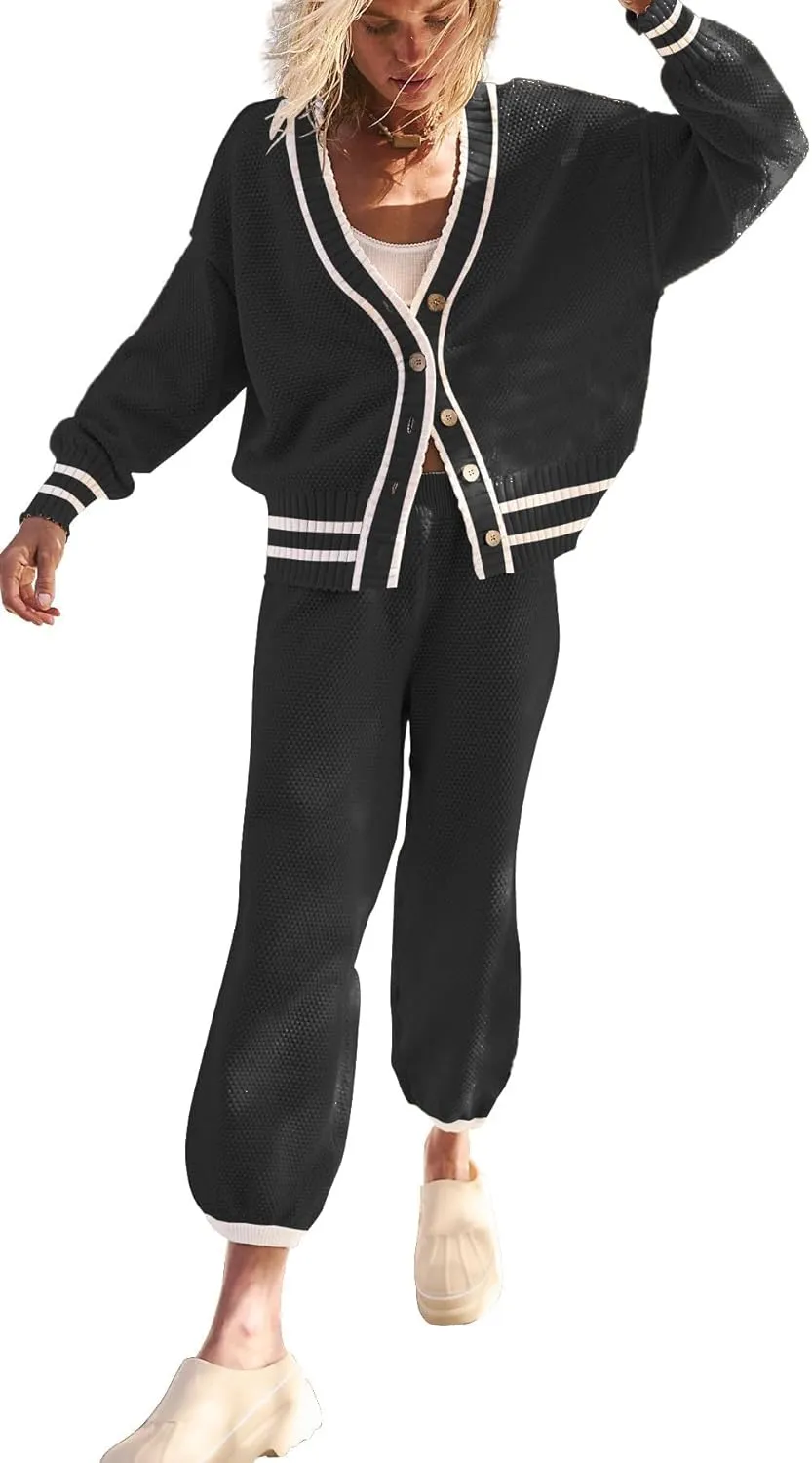 SAUKOLE Womens Two Piece Outfits Knit Sweater Sets Oversized Button Down Cardigan and Long Pants Matching Lounge Set