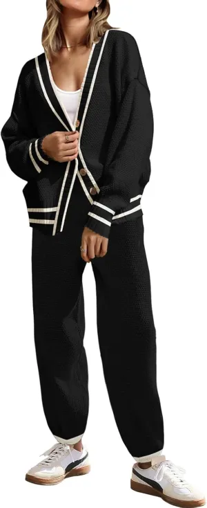 SAUKOLE Womens Two Piece Outfits Knit Sweater Sets Oversized Button Down Cardigan and Long Pants Matching Lounge Set